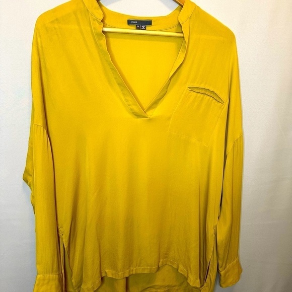 Vince Blouse 100% Silk Chartreuse Color Popover Henley Long Sleeve Oversized M - Picture 1 of 10